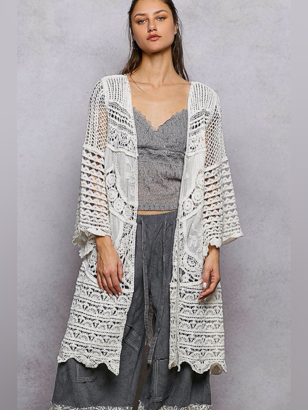 POL NWT Kimono Cardigan Natural Crocheted Cream Lace Denim One Size Fits Most - Picture 3 of 3